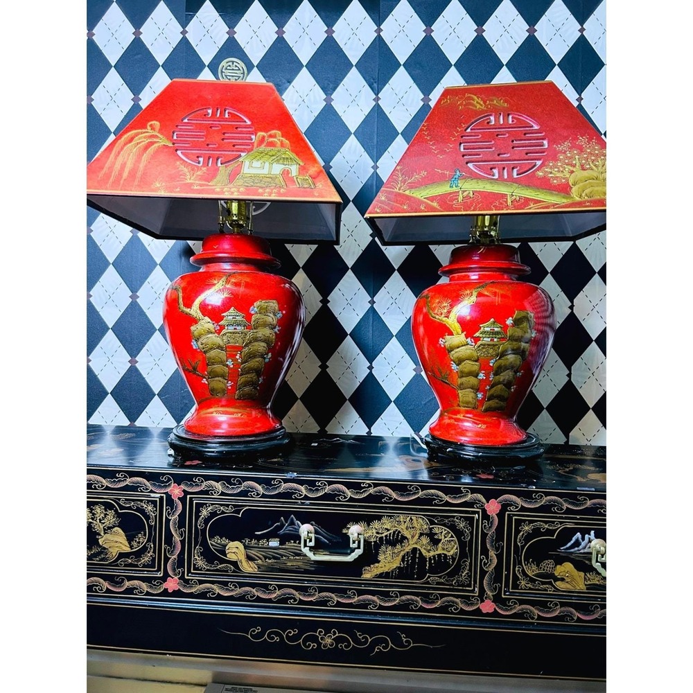 Pair Large Chinese Chinoiserie Red Lacquer Lamps Pagoda Shades Hollywood Regency